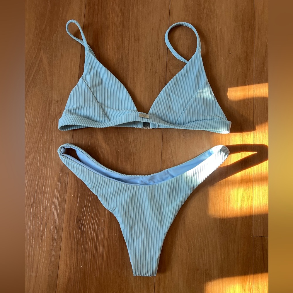 FAE Swim Luna top and zenith bottoms in blue ribbed